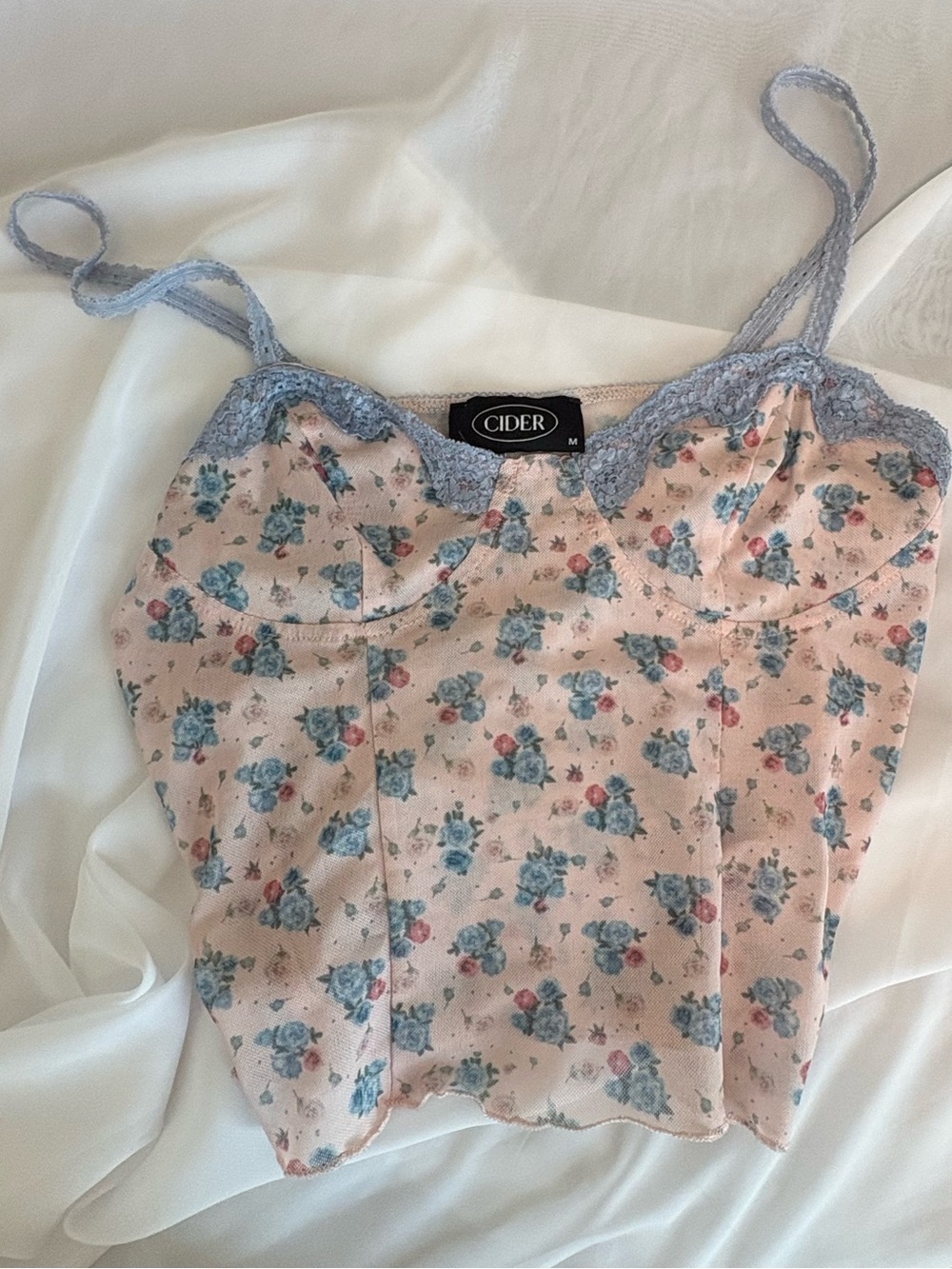 Pink Floral Lace-Trim Bustier Top with Blue Roses